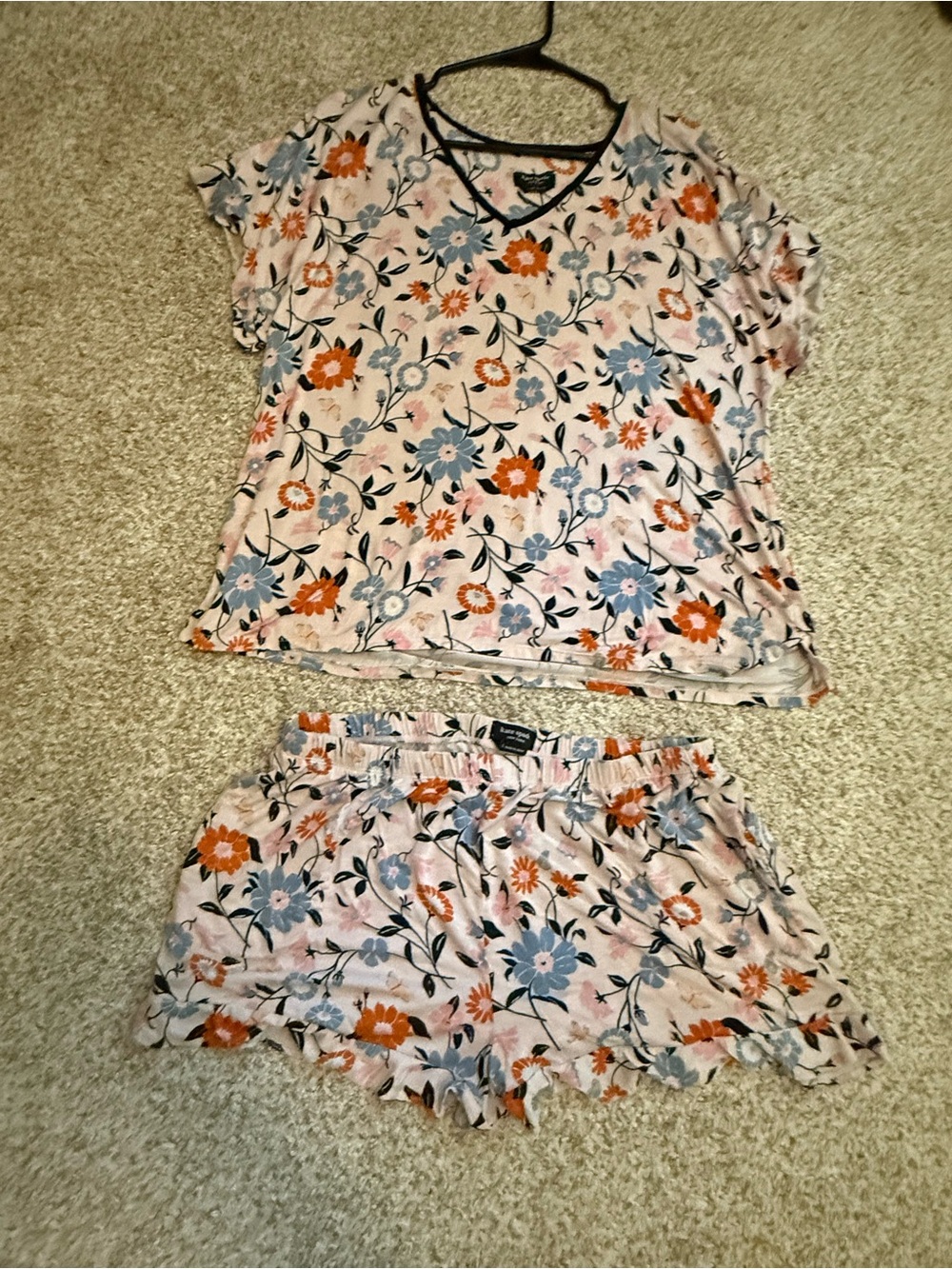kate spade Pink Floral Short Sleeve Pajama Set with Blue and Orange Accents